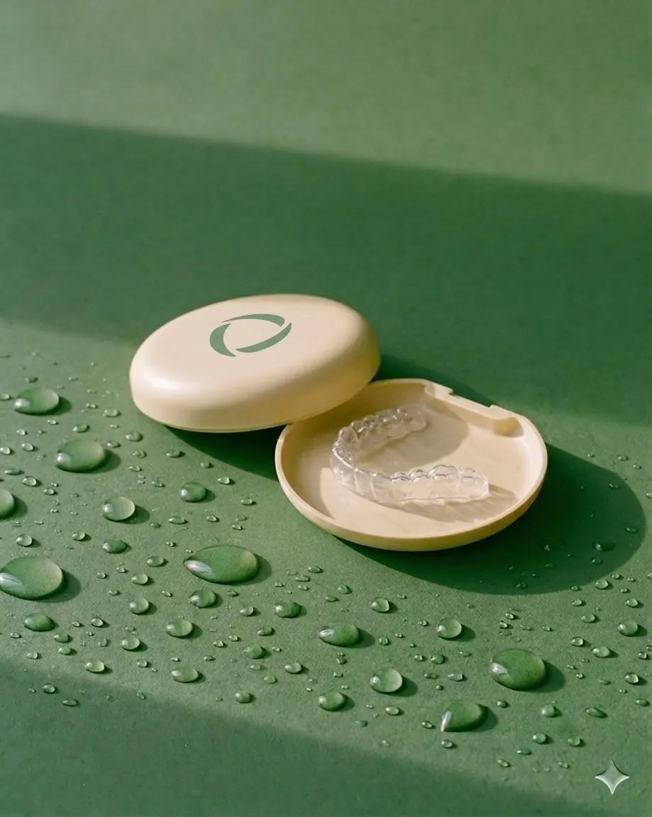 Velare aligner cases on a forest-green surface with water droplets