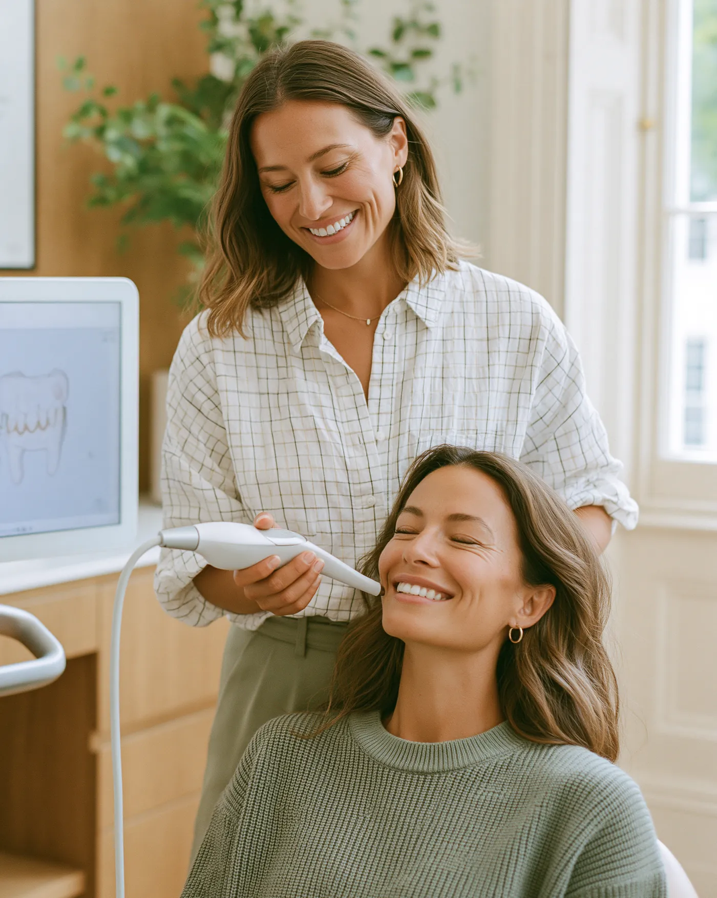 A dentist and patient in warm conversation during a consultation