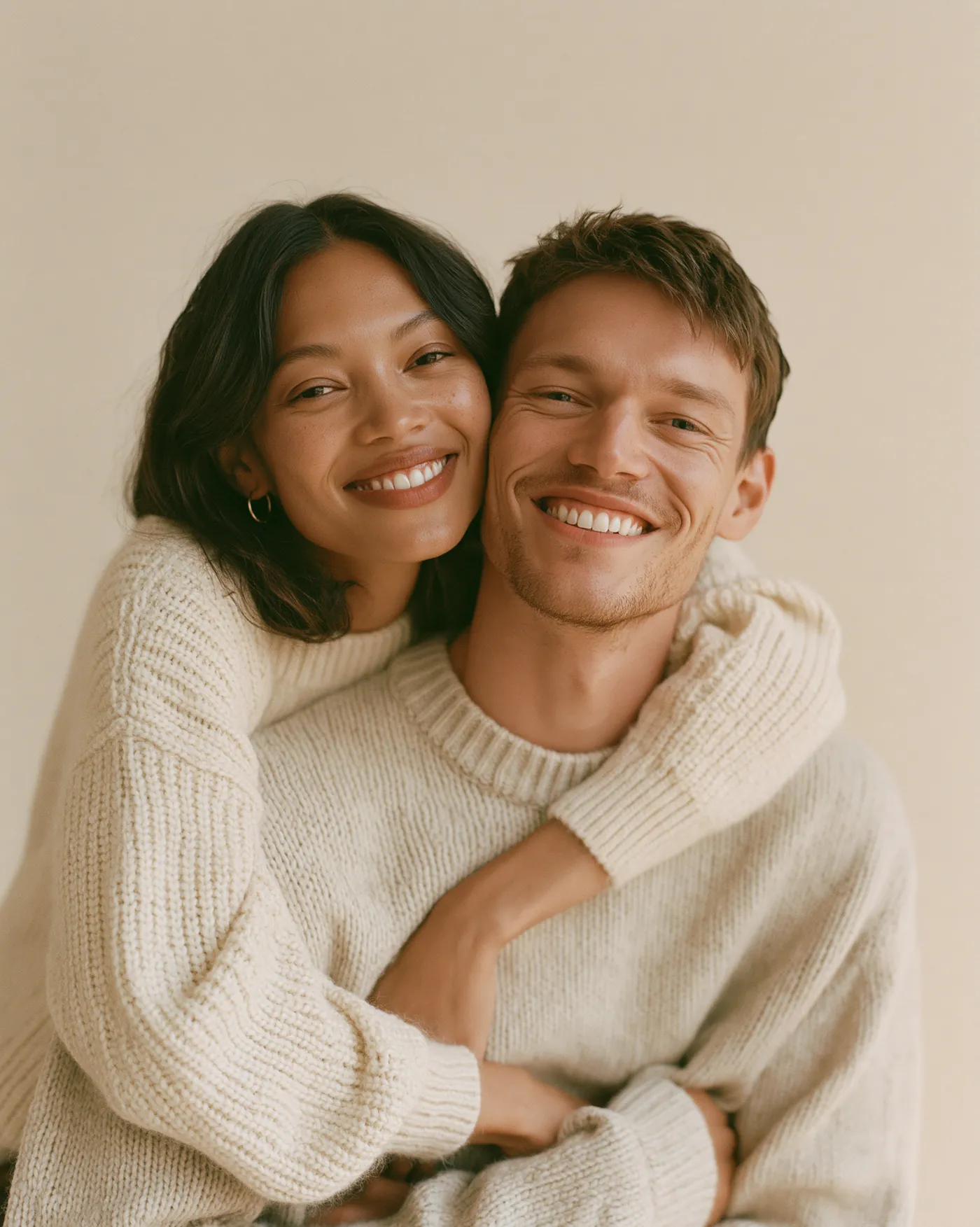 An elegant couple at home in warm, natural light