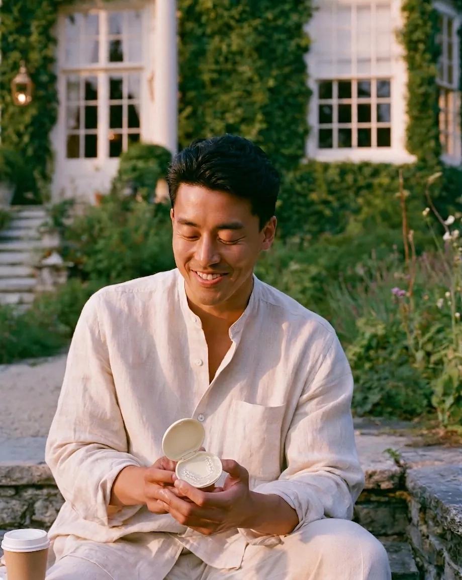 A man in linen with a Velare case in a garden