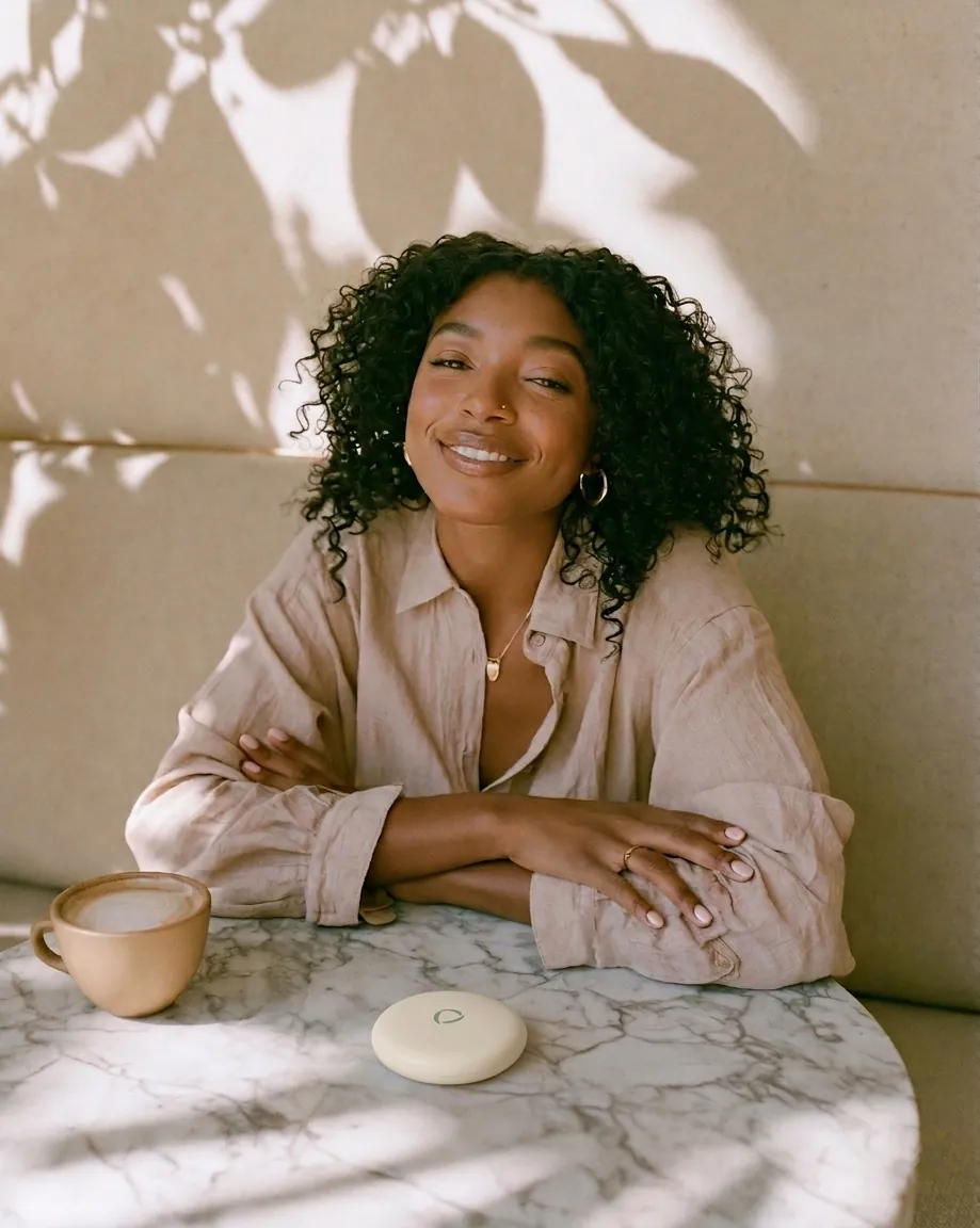 A woman with a coffee at a marble table