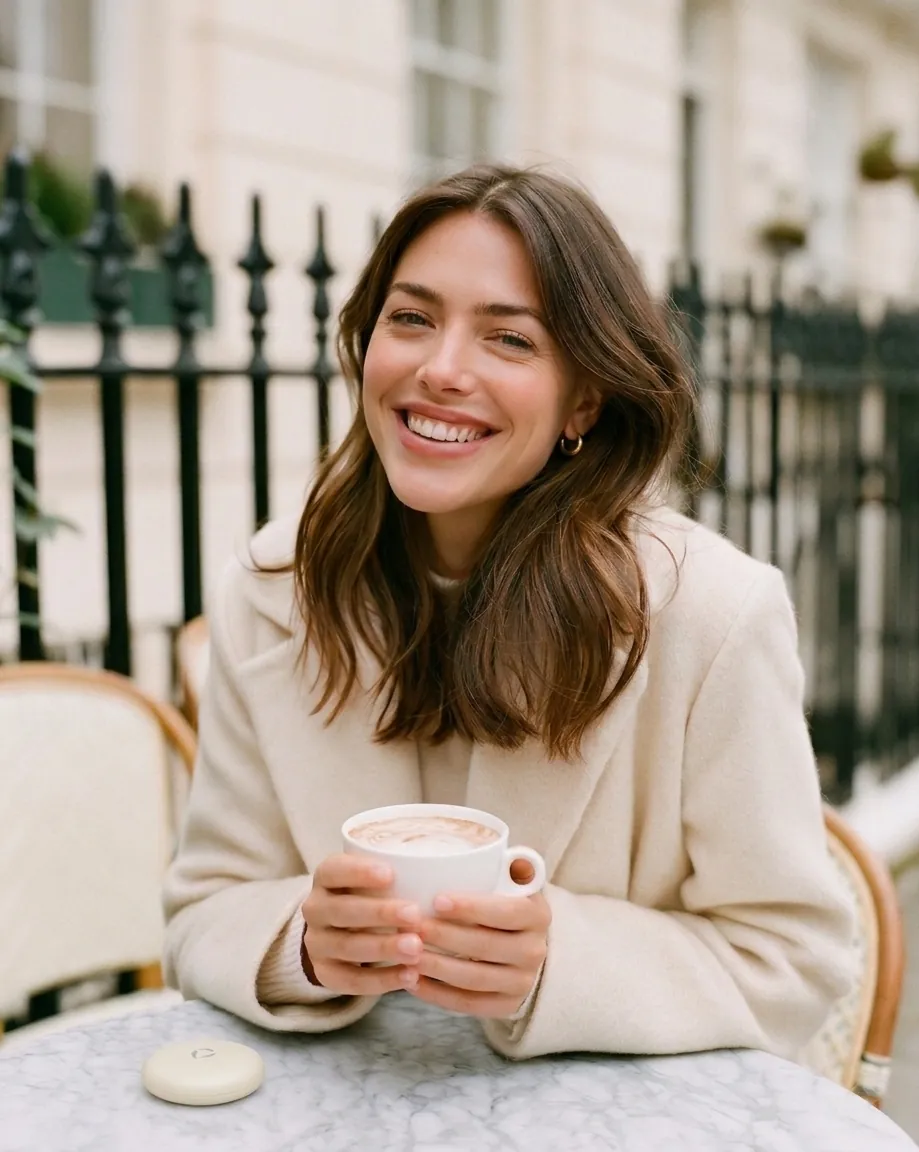 An elegant woman with a coffee outside a London townhouse
