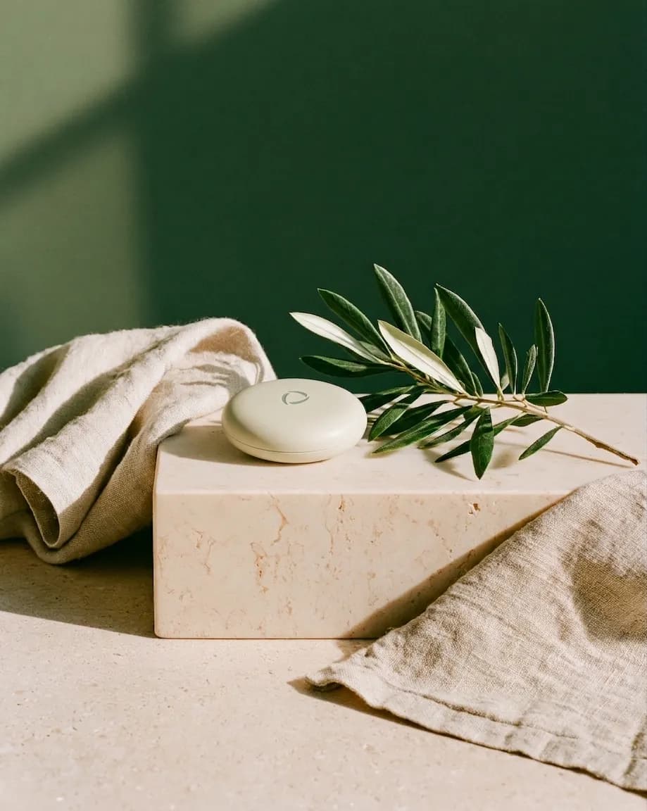 A minimal Velare still life on travertine with an olive branch